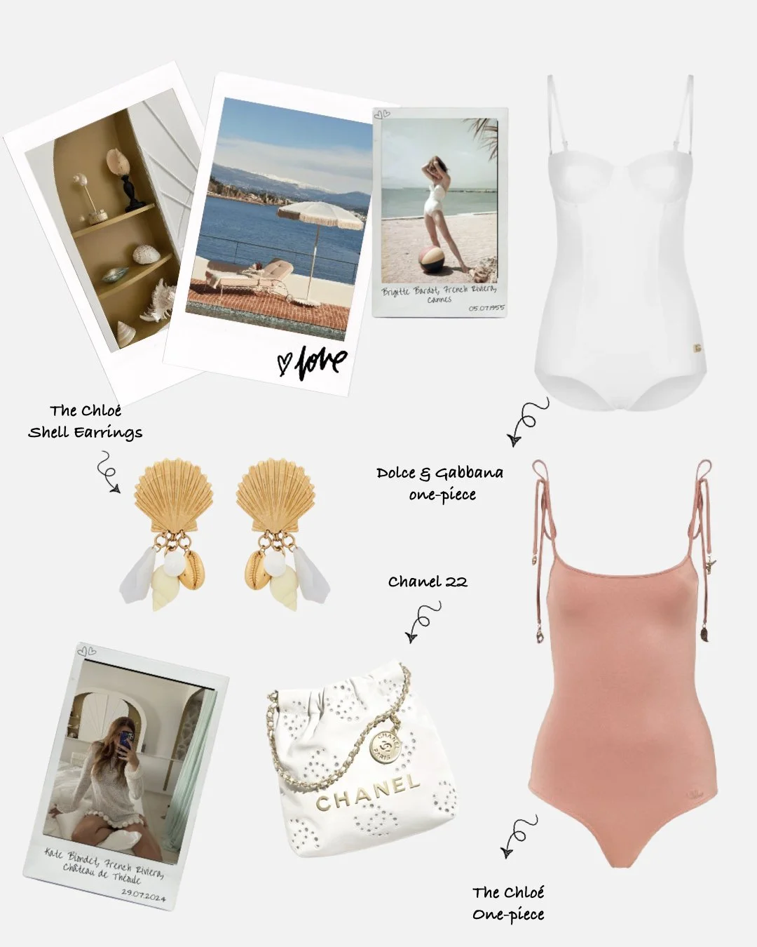 French Riviera beachwear moodboard featuring Château De Théoule, polaroid-style photos from Cannes, Dolce and Gabbana and Chloe swimming suits, Chanel and Chloe accessories.