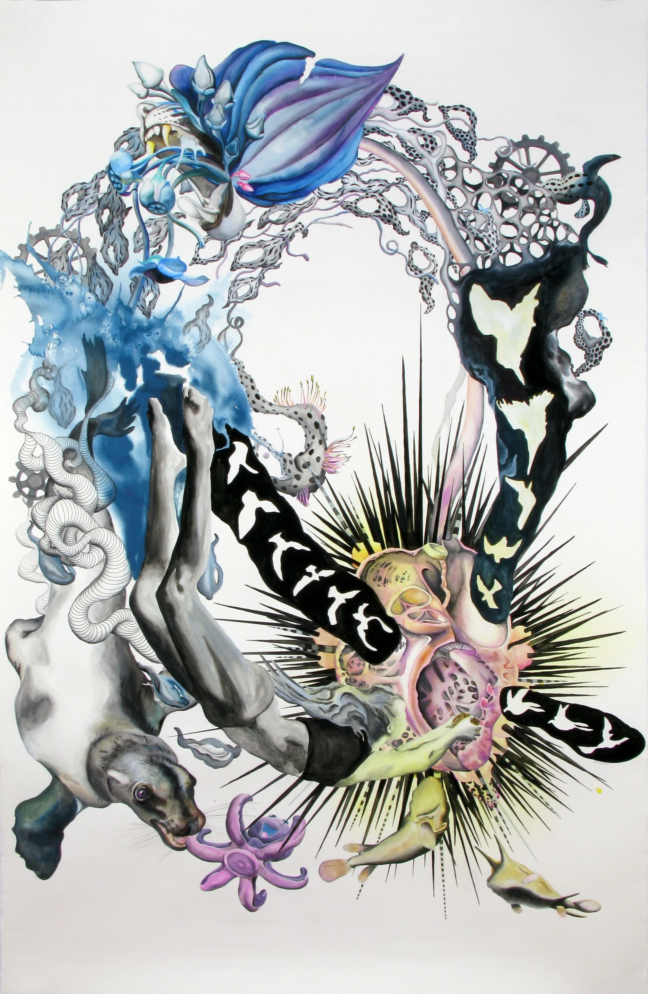 K1 + U1  = K2 + U2, 2020-21. Pen, gouache, watercolour, ink, pencil, gold leaf on paper — 183 x 113 cm 