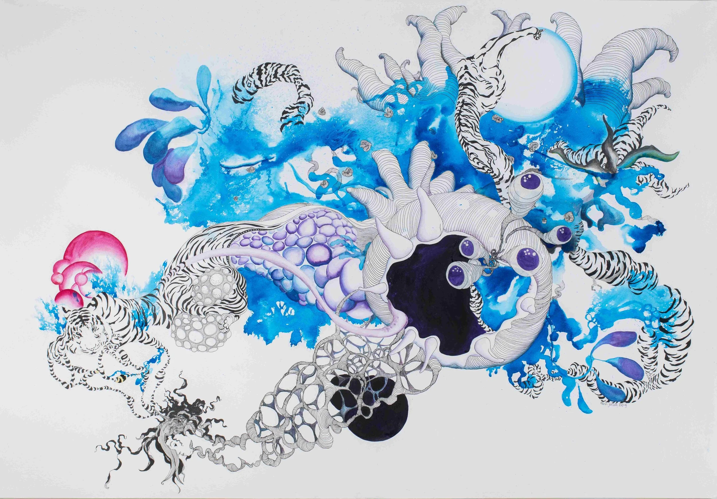 Amygdala, 2019⁣. Pen, gouache, watercolour, on paper — 80 x 110 cm