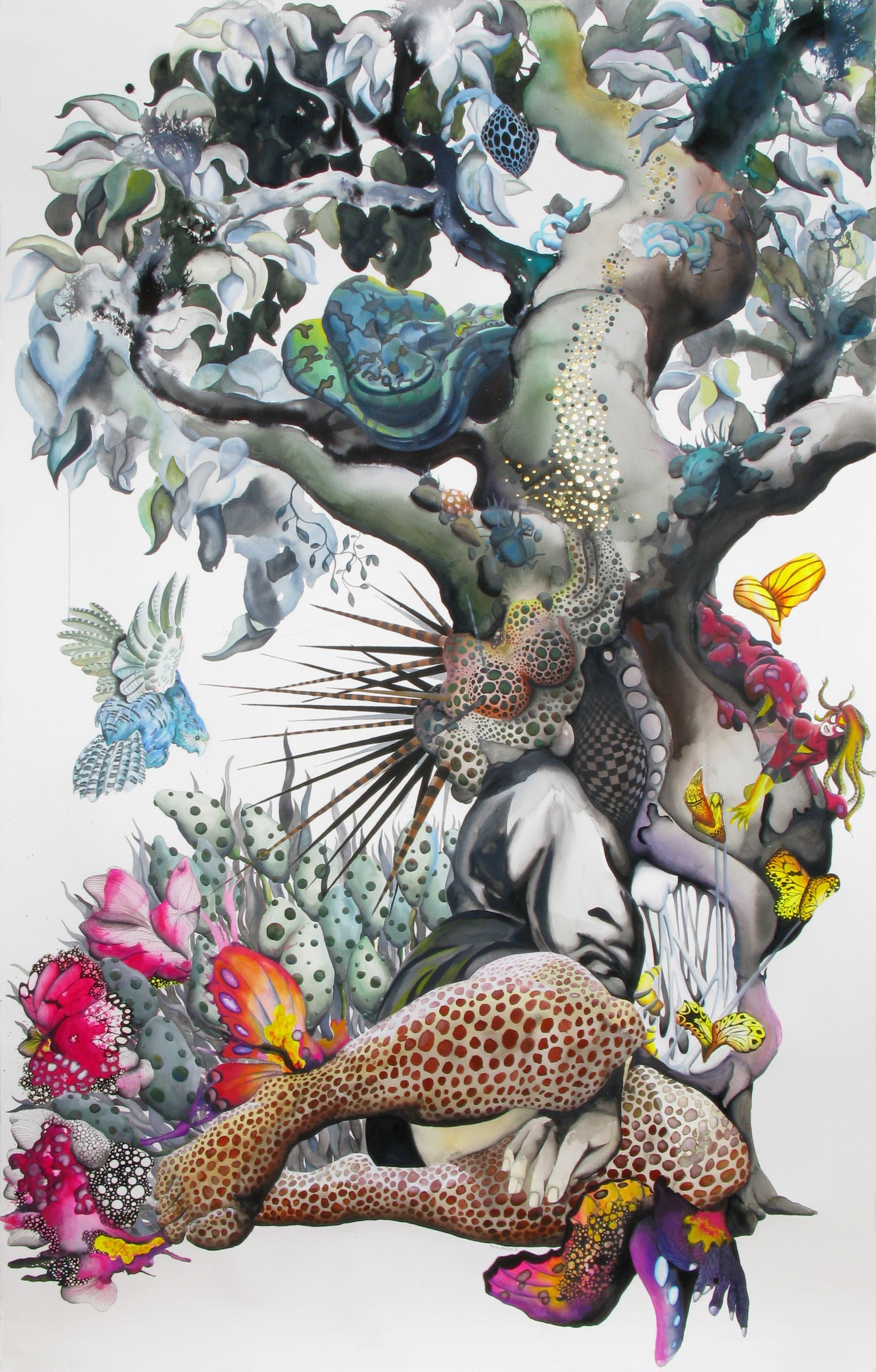 Baobab core, 2020-21. Pen, gouache, watercolour, pencil, gold leaf on paper —
​183 x 113 cm