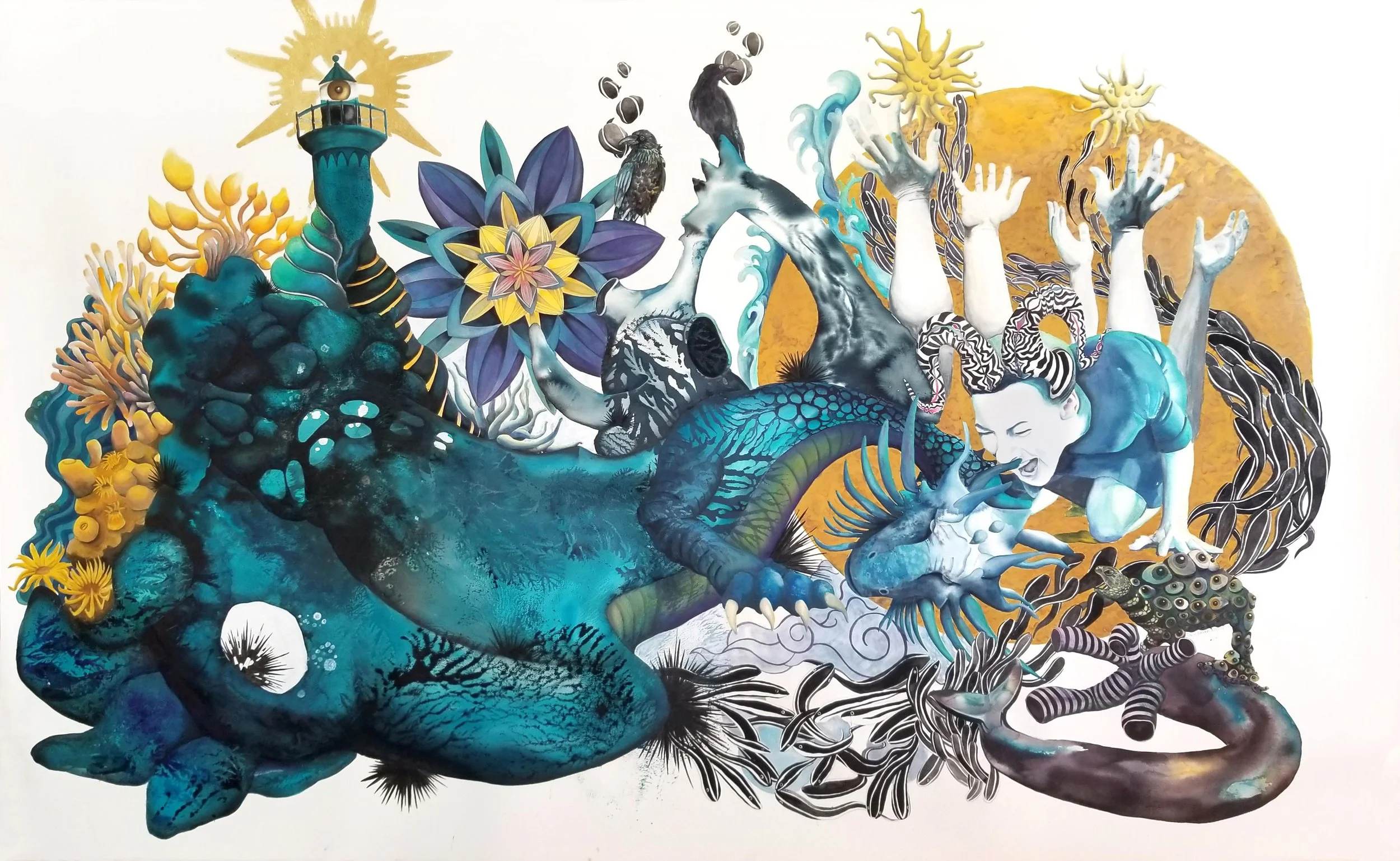 Hindsight Comfort Zone, 2022-25. Pen, gouache, watercolour, pencil, gold leaf on paper — 113 x 183 cm