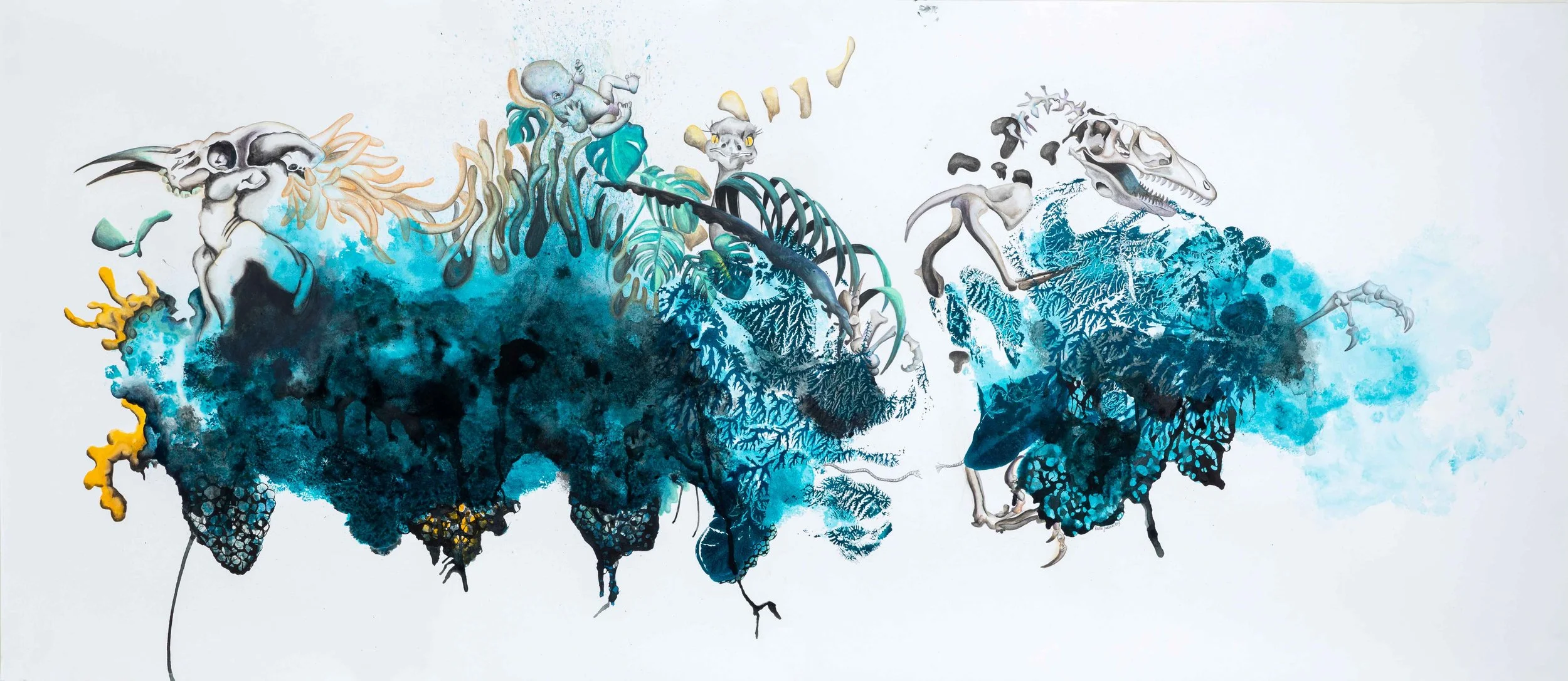 Broken chain, 2020. Pen, gouache, watercolour, acrylic, pencil on paper — 80 x 184 cm
