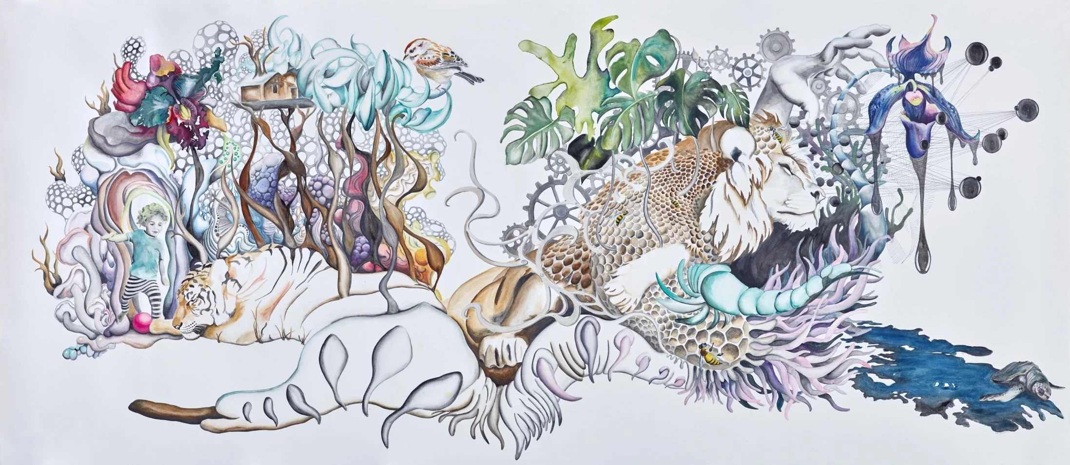 Out of the eater, something to eat; out of the strong, something sweet, 2020-21. Pen, gouache, watercolour pencil on paper — 80 x 183 cm