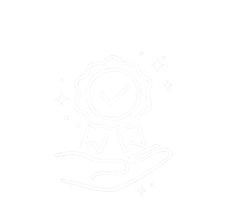 Line drawing of a hand holding a certificate with a checkmark, surrounded by sparkles.