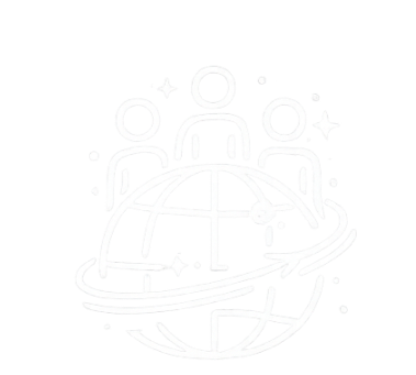 Illustration of three people above a globe with a ring orbiting it and sparkles around, representing global teamwork or international collaboration.