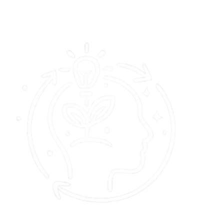 A stylized illustration of a person's profile with a plant growing inside the head, a light bulb above, and arrows circling around, symbolizing ideas, growth, and creativity.