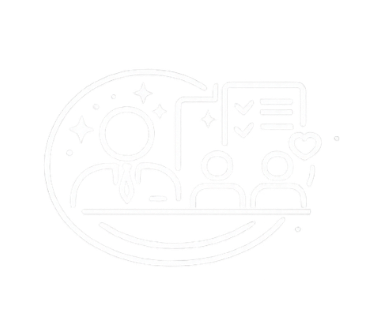 Line drawing of a person in a suit with a star and sparkles, a smaller person with a checklist or document, and another smaller person with a heart, all within a crescent shape.