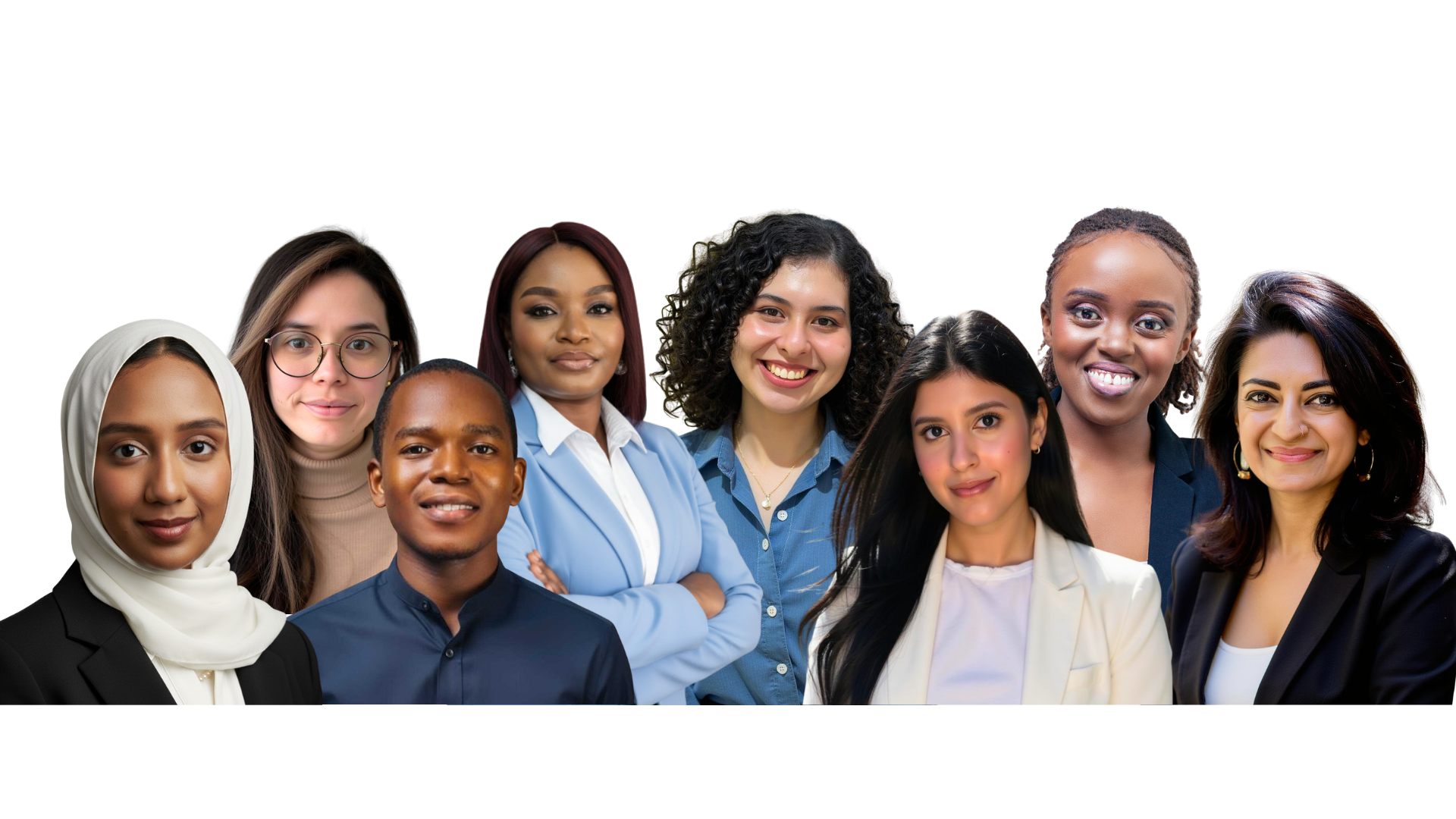 Group of diverse professional women smiling, standing together against a black background.