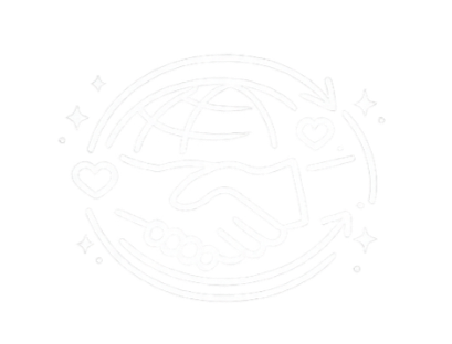 Handshaking over a globe with a heart, surrounded by stars and sparkles.