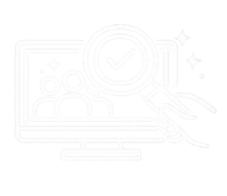 Icon of a computer monitor with a group of people, a checkmark inside a circle, and a magnifying glass, representing online review or verification.