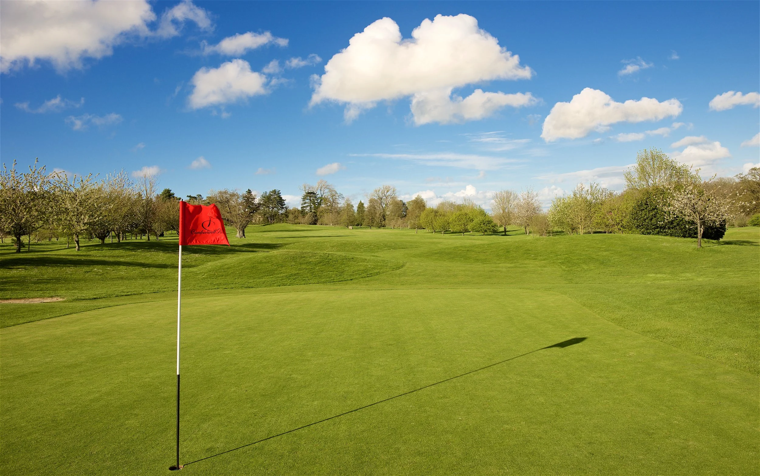 A golf course green with a red flag inside the putting area, surrounded by trees and under a partly cloudy sky.