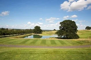 Golf course with green grass, trees, a water hazard, and a partly cloudy sky.
