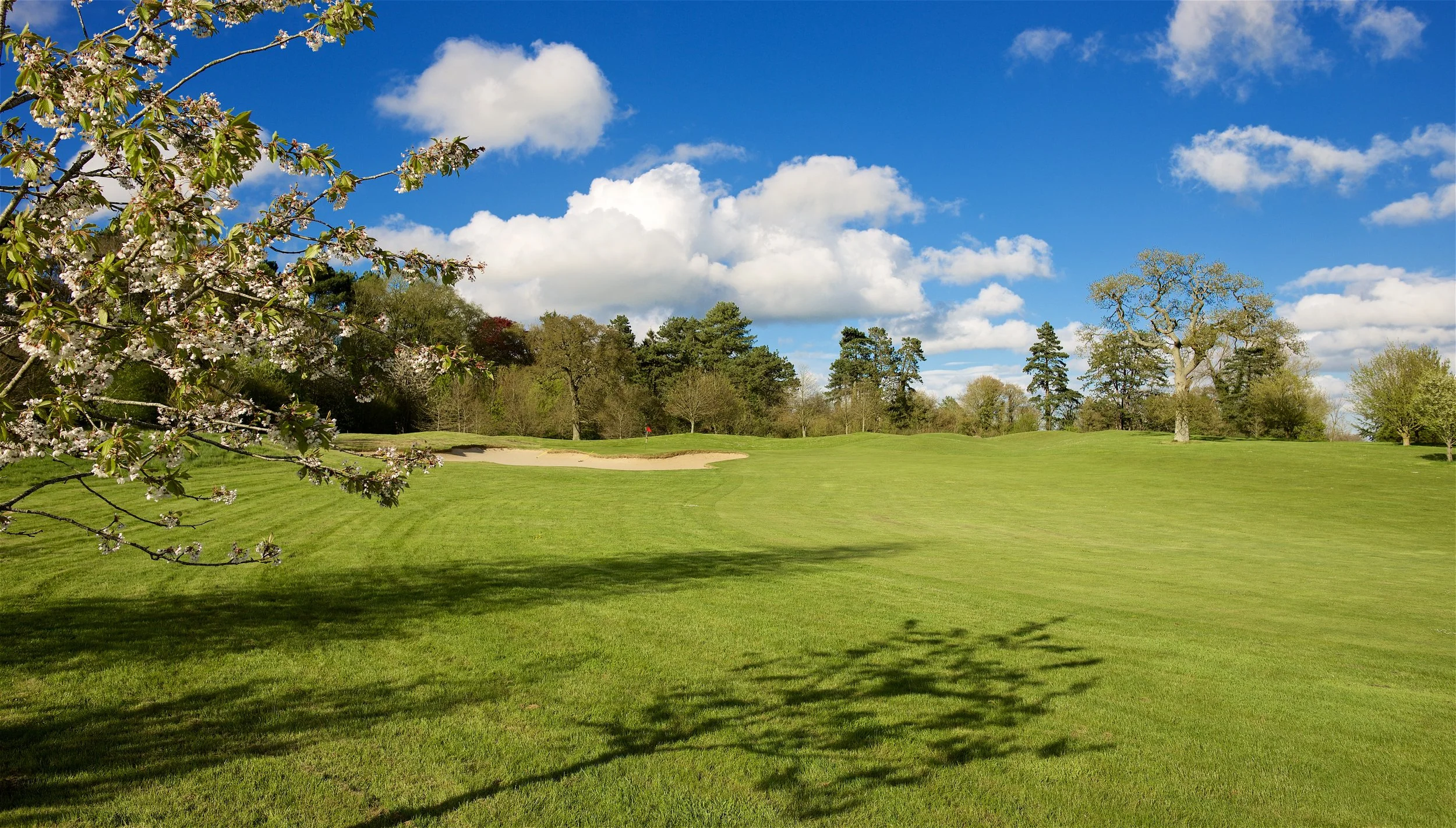 A scenic golf course near Bath, UK, with a putting green, sand bunker, and trees under a blue sky with clouds.