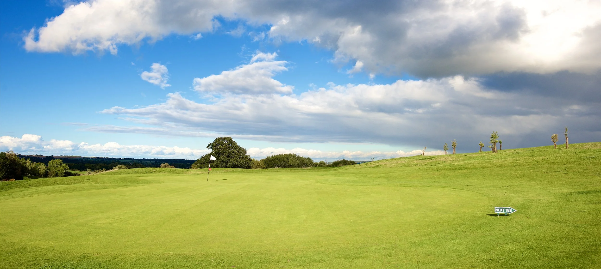 A golf course with green grass, a white flag on a flagstick, and a sign pointing to the next tee, set under a partly cloudy sky with some large clouds and distant trees.