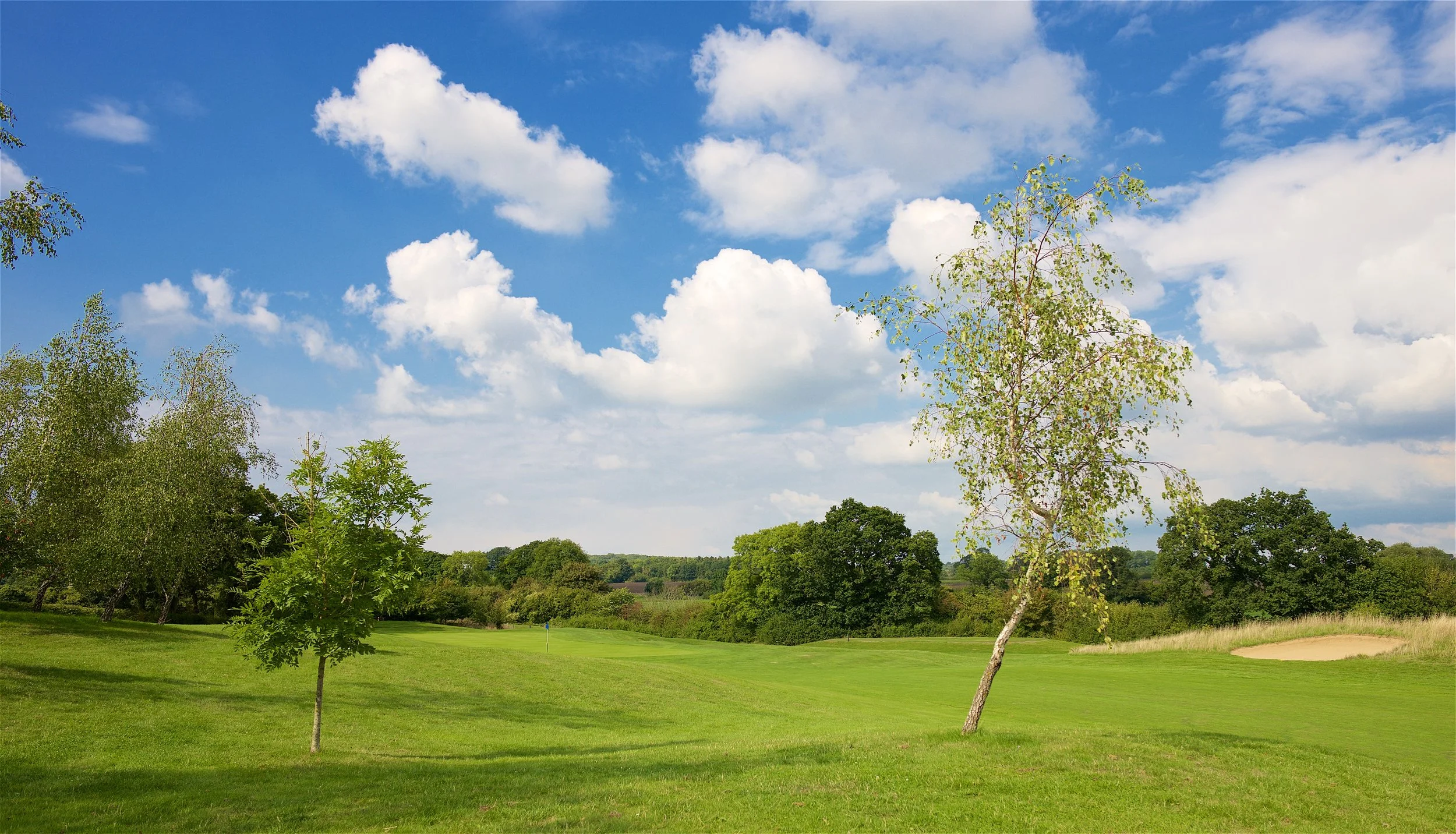 A lush golf course with green grass and trees, under a blue sky with scattered white clouds.