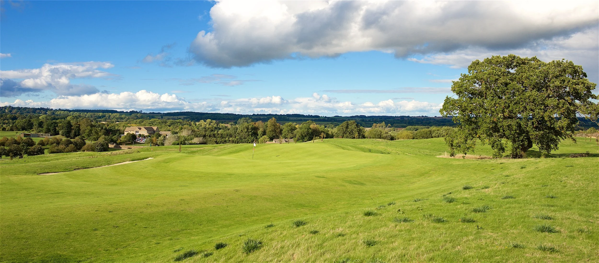A scenic golf course with green fairways, a flagstick on the putting green, a large tree to the right, scattered trees and buildings in the background, and a partly cloudy sky.