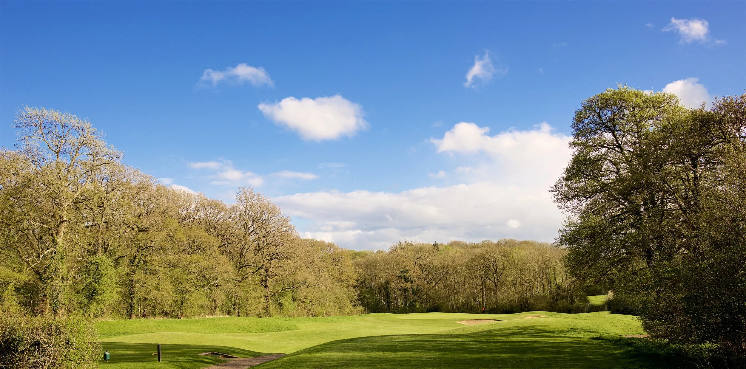 A scenic view of Cumberwell Park, Wiltshire, golf course with a green, surrounded by trees and a blue sky with scattered clouds.