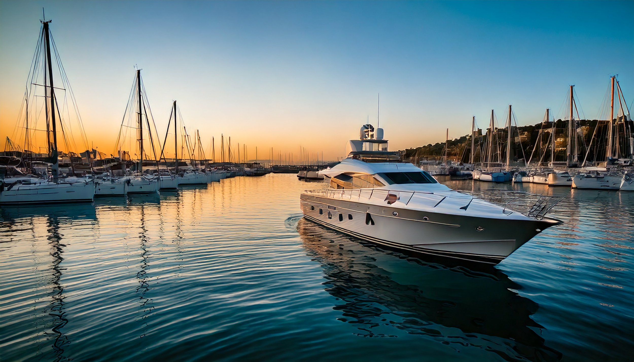 Luxury yacht docked in a calm marina during sunset, with sailboats in the background — symbolizing premium marine lifestyle and boating services.