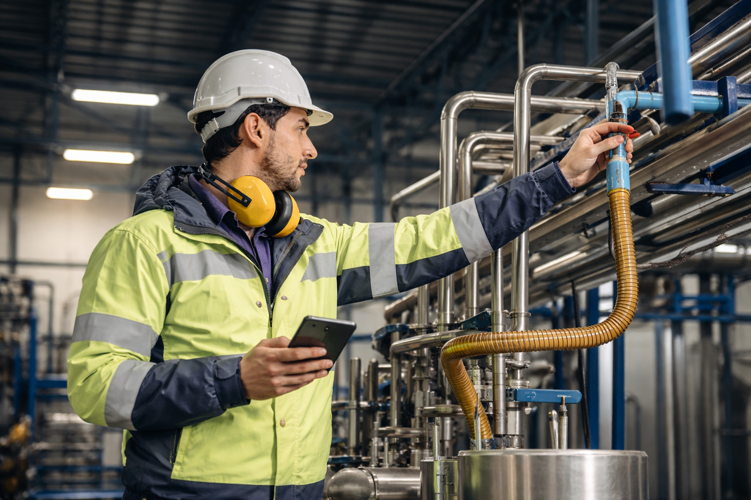 Person in business attire uses a smartphone and a laptop on a wooden table with a notebook and pen, in a well-lit room with large windows.