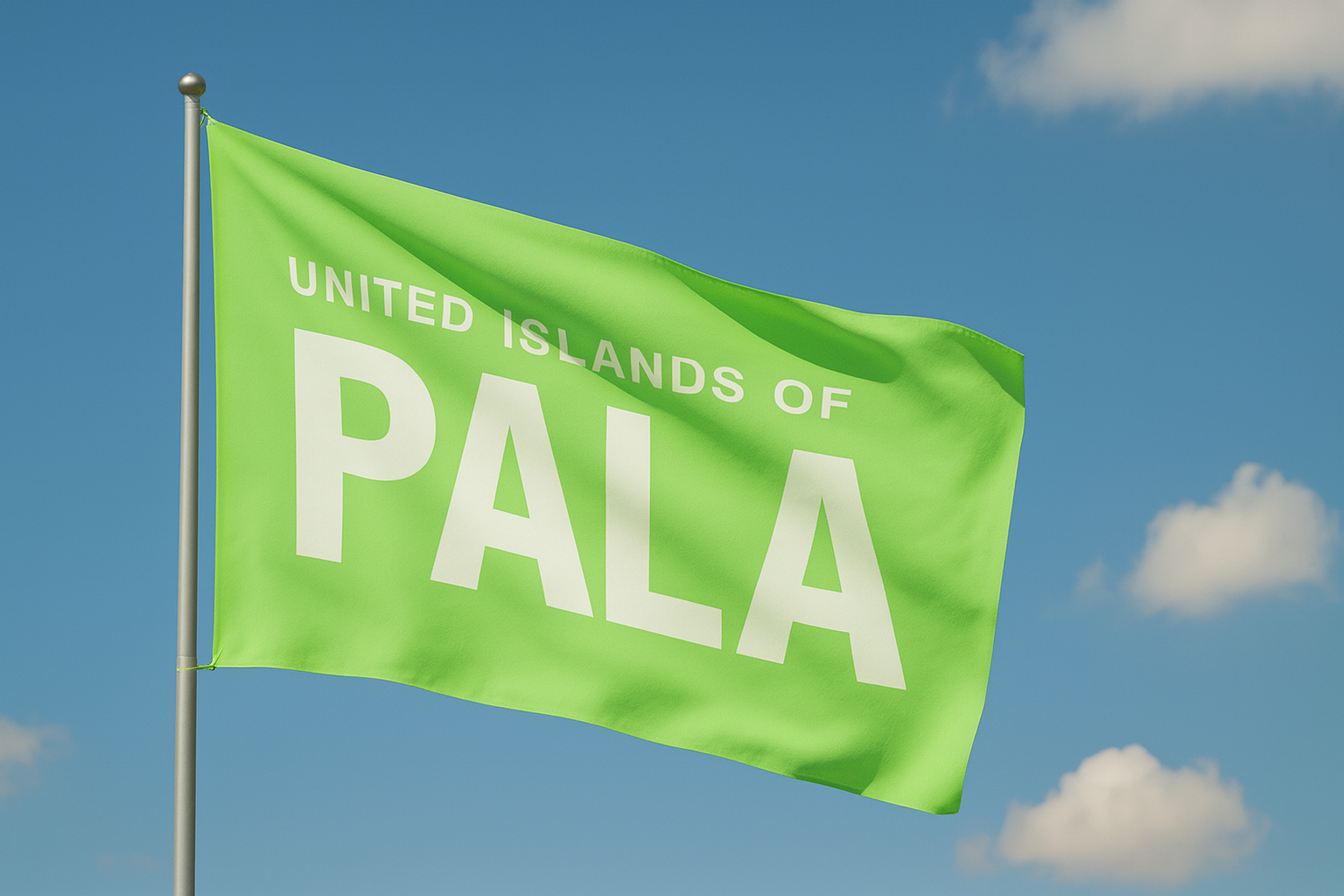 Grüne Flagge mit weißem Text, der sagt 'United Islands of Pala' gegen blauen Himmel mit wenigen Wolken im Hintergrund.