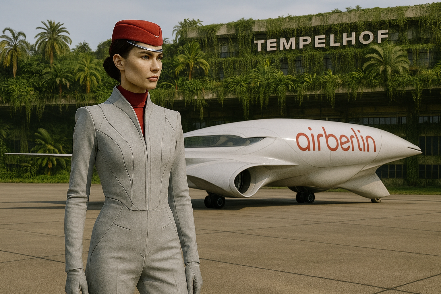 Eine Frau in einem futuristischen Raumanzug steht vor einem fliegenden Auto mit dem Logo 'airberlin' auf einem Flughafengelände. Im Hintergrund ein Gebäude mit der Aufschrift 'TEMPELHOF' und üppiger grüner Vegetation.