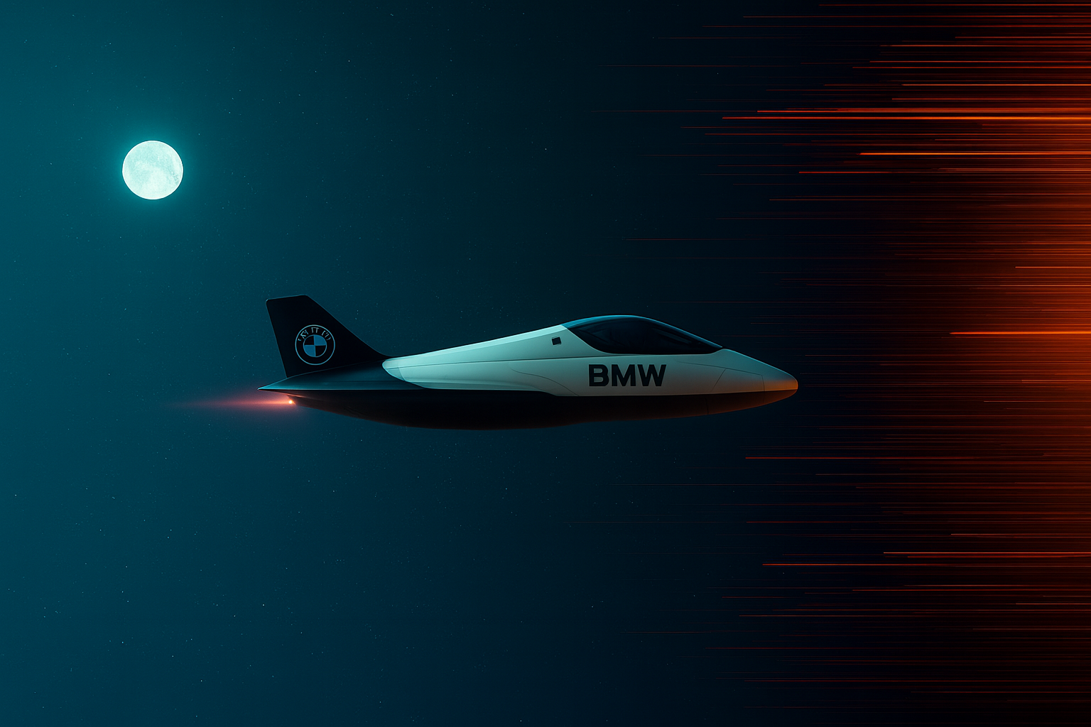 Ein futuristisches BMW-Flugzeug fliegt im Nachthimmel neben einem Vollmond, mit einem Teil des Himmels, der in orangefarbenen Linien dargestellt ist.