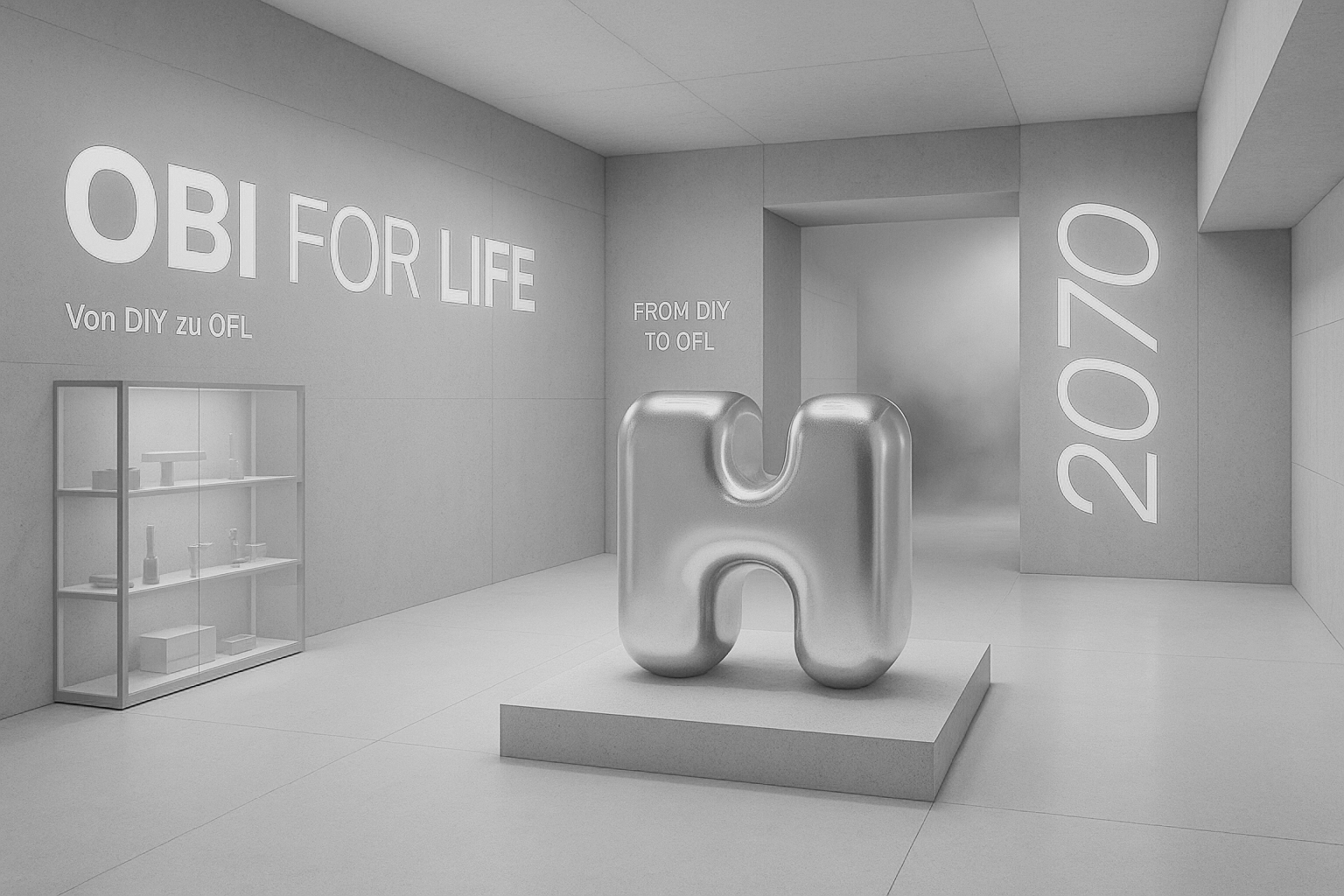 Eine moderne Ausstellung mit einem großen, silbernen 'H'-Skulptur auf einem Podest. Die Wände zeigen die Begriffe 'OBI FOR LIFE', 'Von DIY zu OFL', 'FROM DIY TO OFL' und die Jahreszahl '2020/2020'. Es stehen auch Regale mit kleinen Gegenständen.