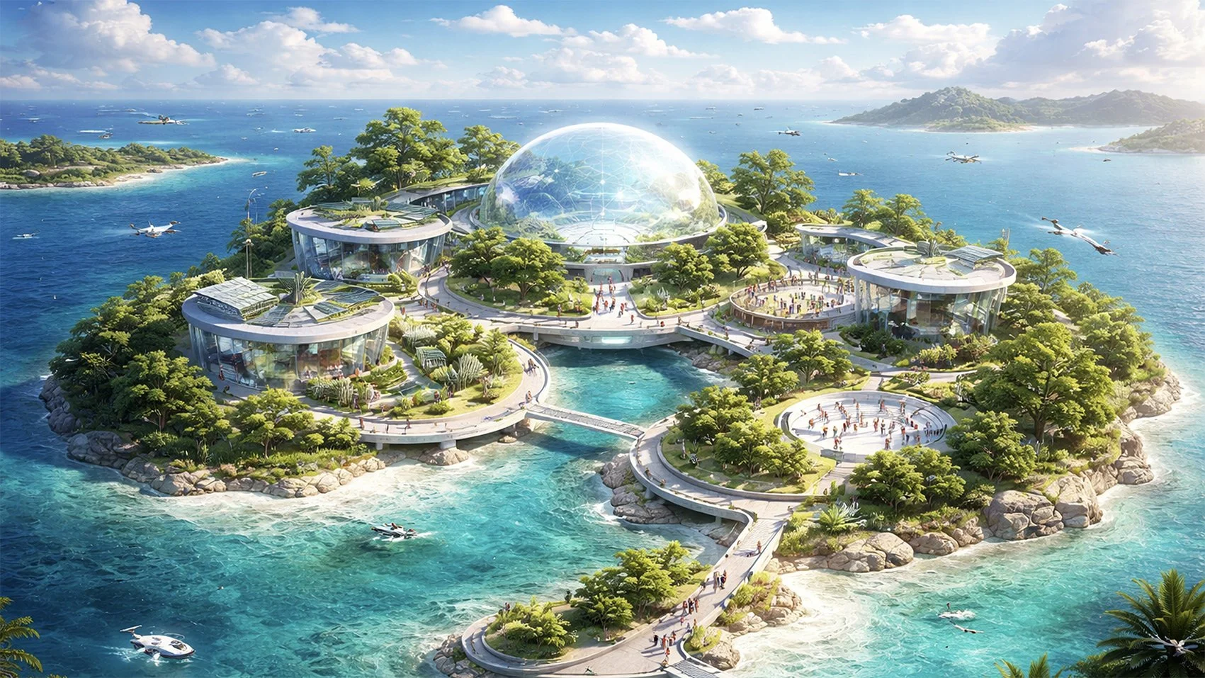 Ein futuristisches Gebäude auf einer Insel inmitten des Meeres, umgeben von Wasser und grünen Bäumen, mit mehreren Gebäuden, die einen halbkreisförmigen Wanderweg verbinden, und einem großen Glaskuppel in der Mitte, mit Flugzeugen und Booten am Himmel und Wasser.