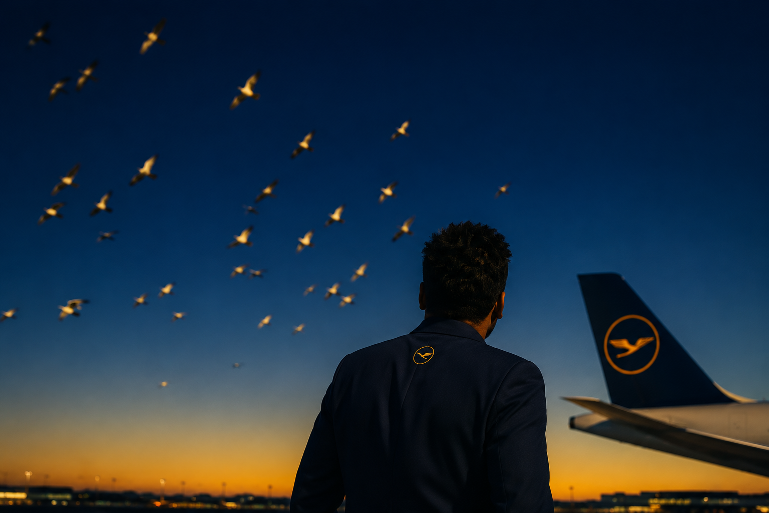 a man in a suit looking at the sunset with birds flying in the sky, airplane with Lufthansa logo in the background