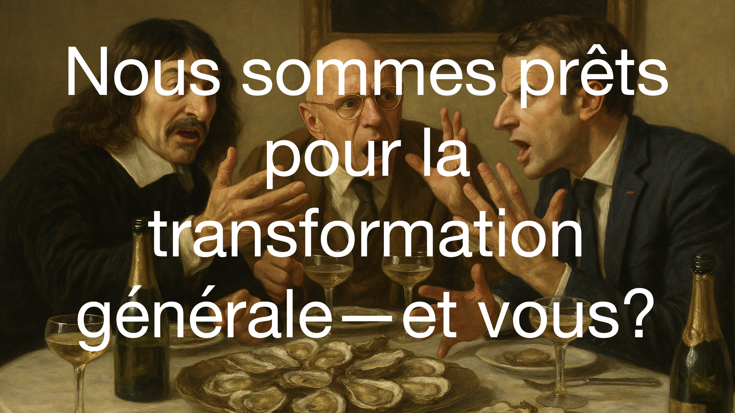 Drei Männer sitzen an einem Tisch, diskutieren lebhaft und haben Getränke vor sich. Überlagert ist der Text: "Nous sommes prêts pour la transformation, générale - et vous?"