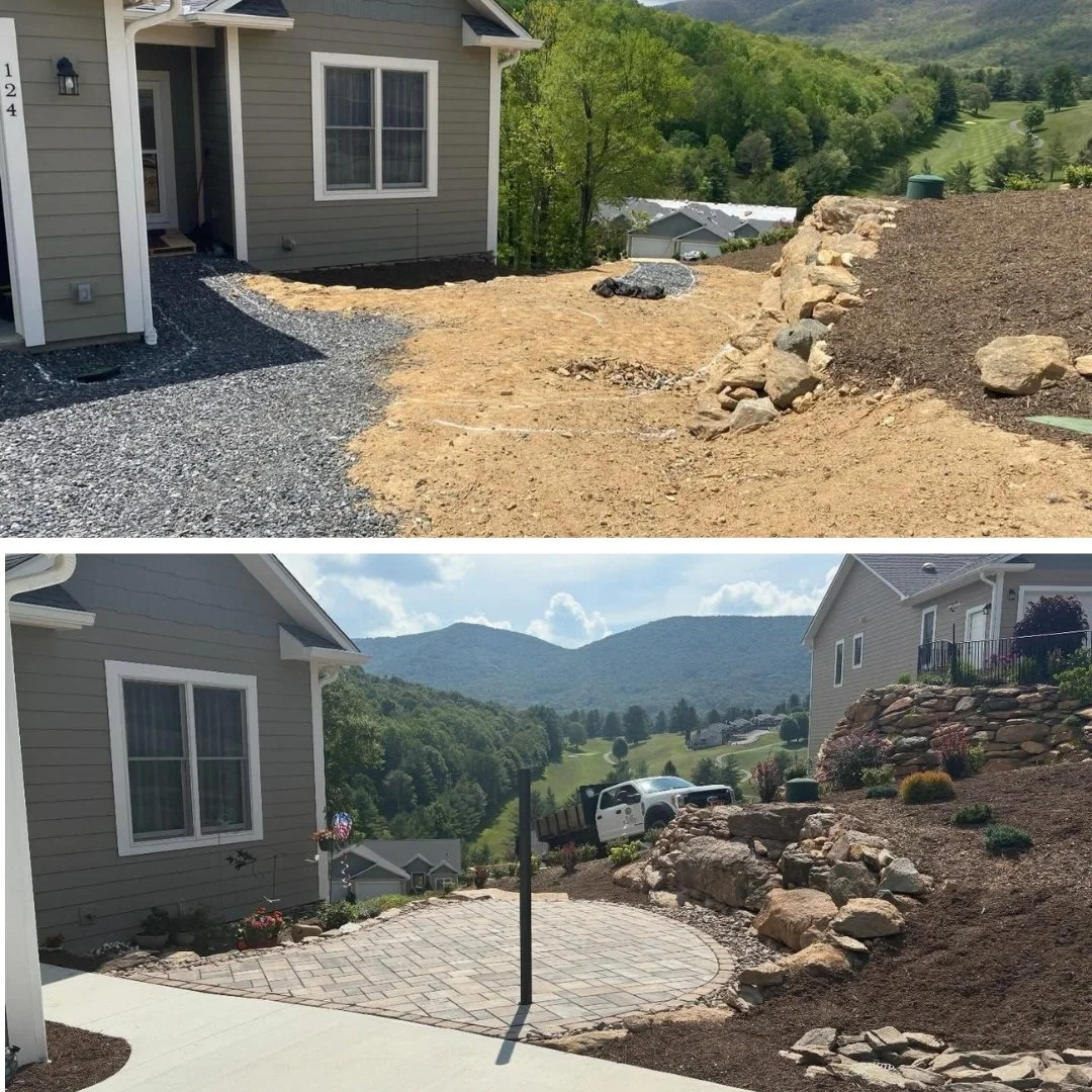 Backyard transformed with a new stone patio, retaining walls, and professional landscaping