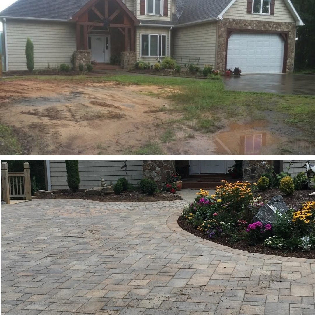 Before and after of a professionally designed hardscaping project transforming an outdoor space