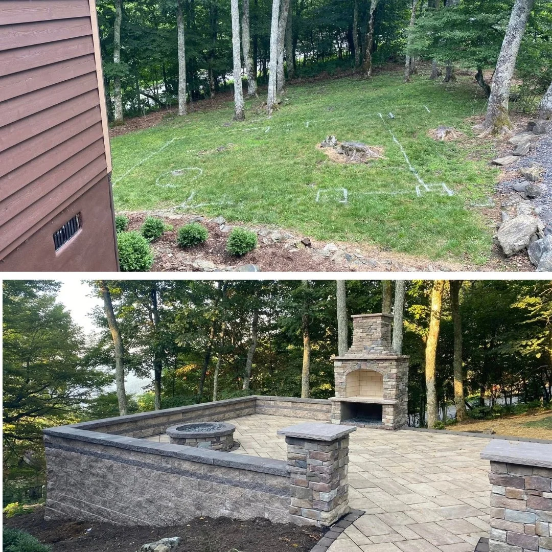 Outdoor space before and after installation of a custom hardscape and landscape design