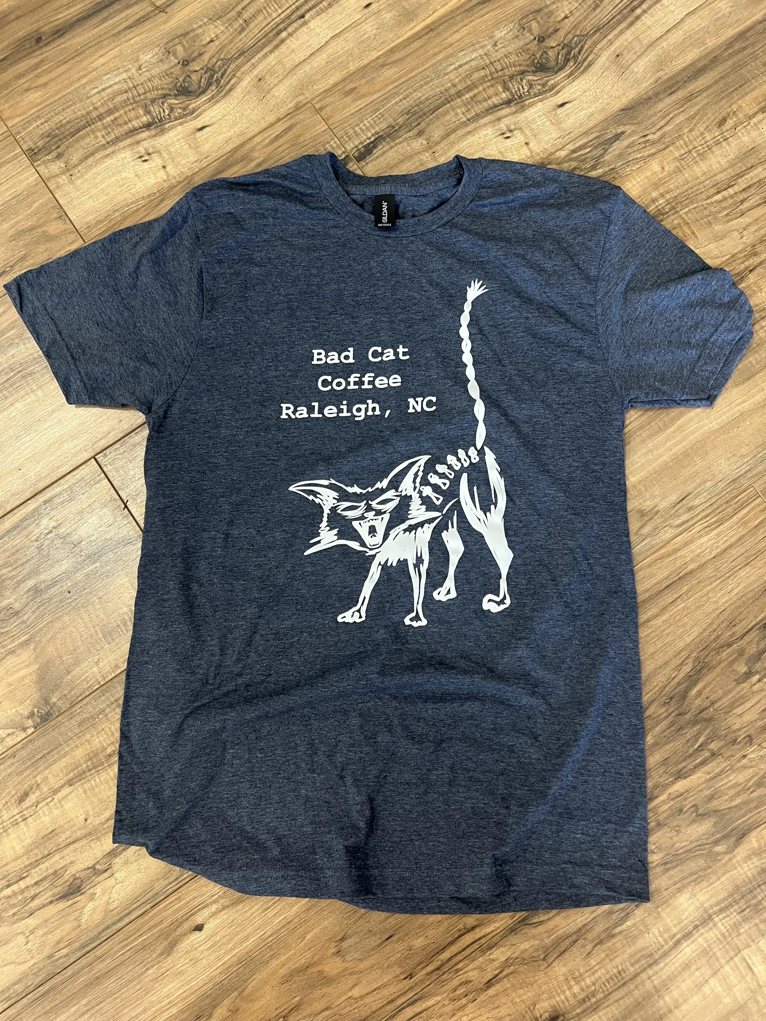 Free USA Shipping: heather Navy Spine Cat logo shirt- 65% cotton 35% poly