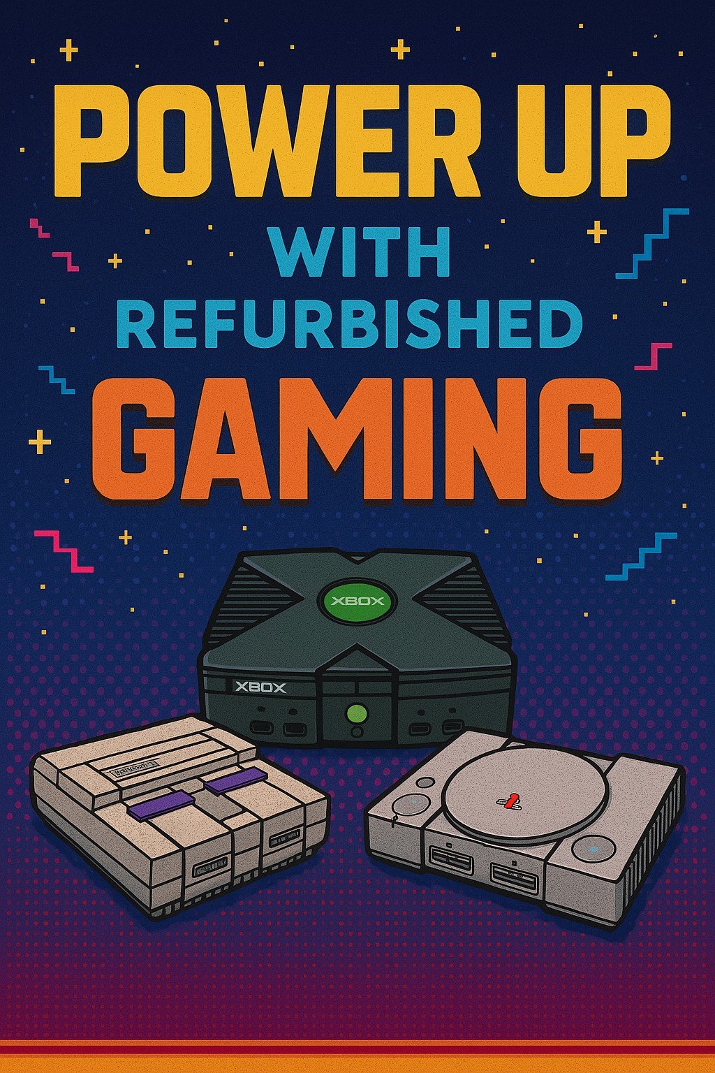 A graphic promoting refurbished gaming consoles, featuring a Nintendo Super Nintendo, an original Sony PlayStation, and an Xbox console against a dark, dotted and pixelated background with colorful confetti. The text reads, 'Power Up with Refurbished Gaming.'