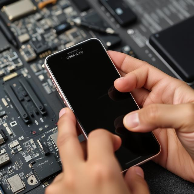 Person holding a smartphone above computer circuit board with various electronic components.