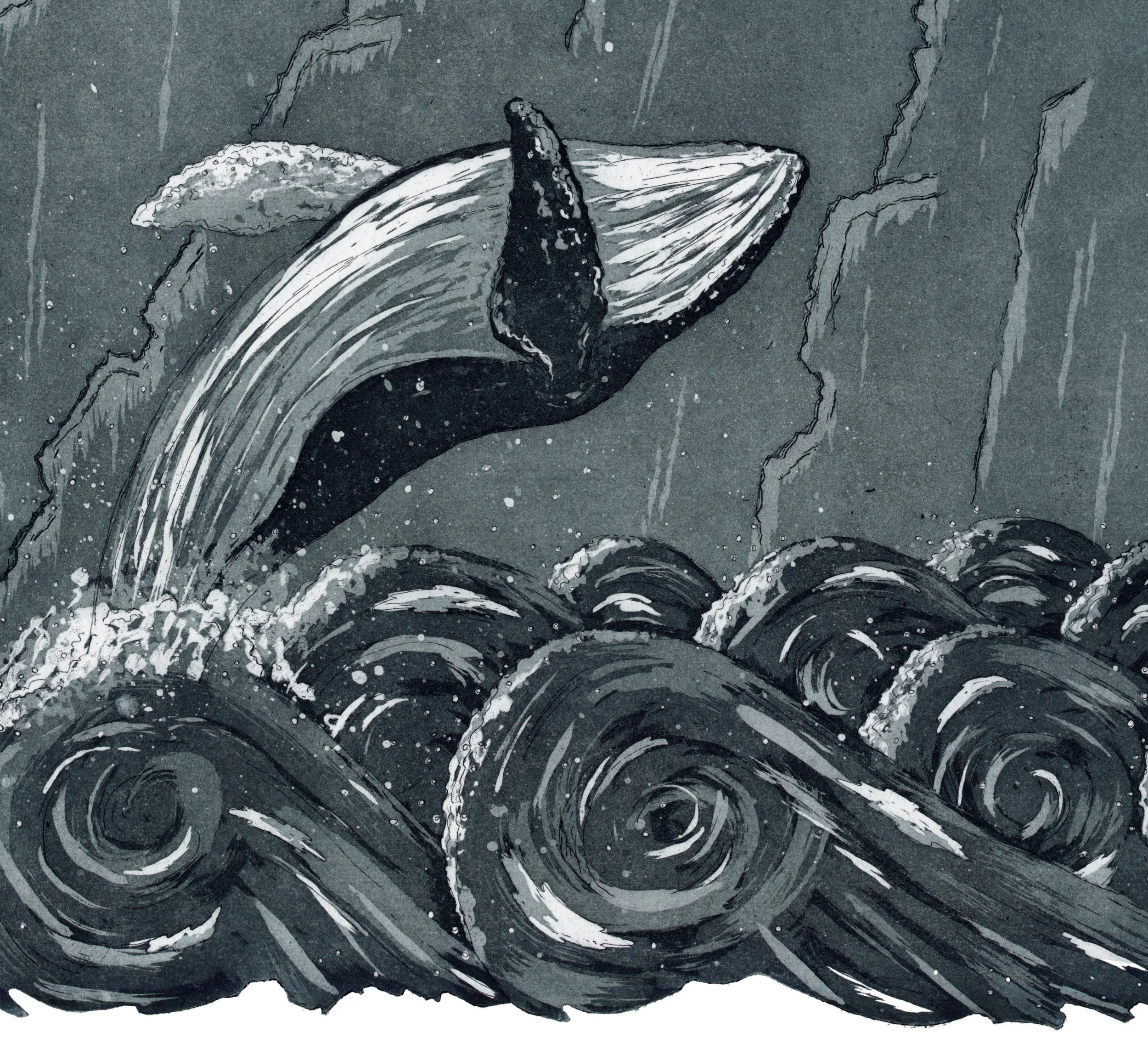 etching of a whale breaching through crashing waves