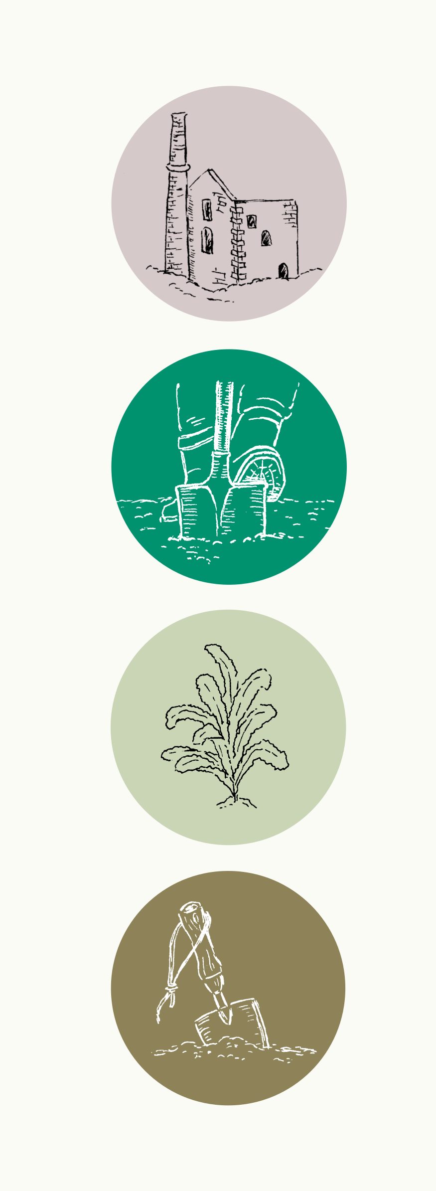 four small spot illustrations of mine, spade, kale, trowel