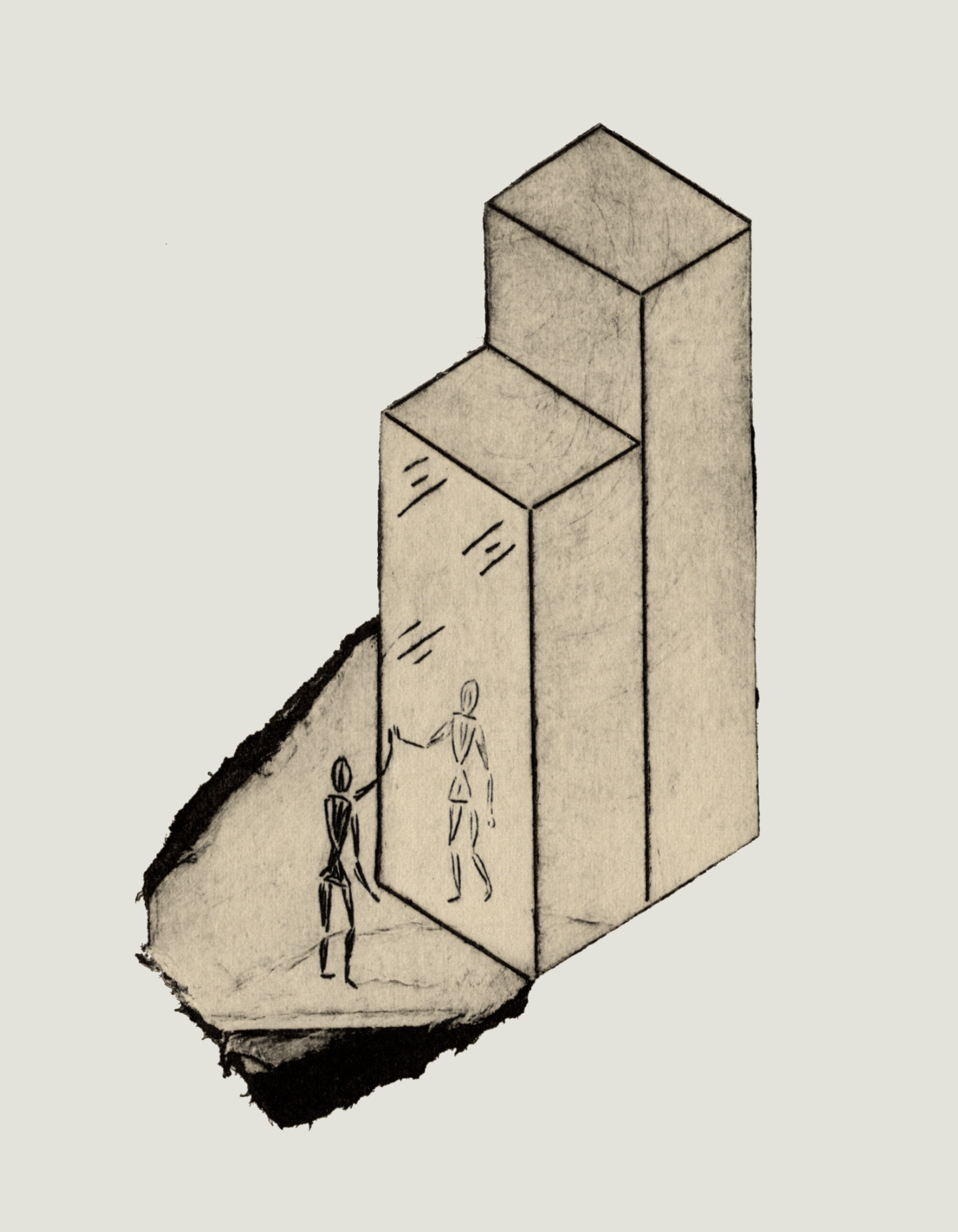 print of a person seeing themselves reflected in a bar graph, touching hands with the reflection