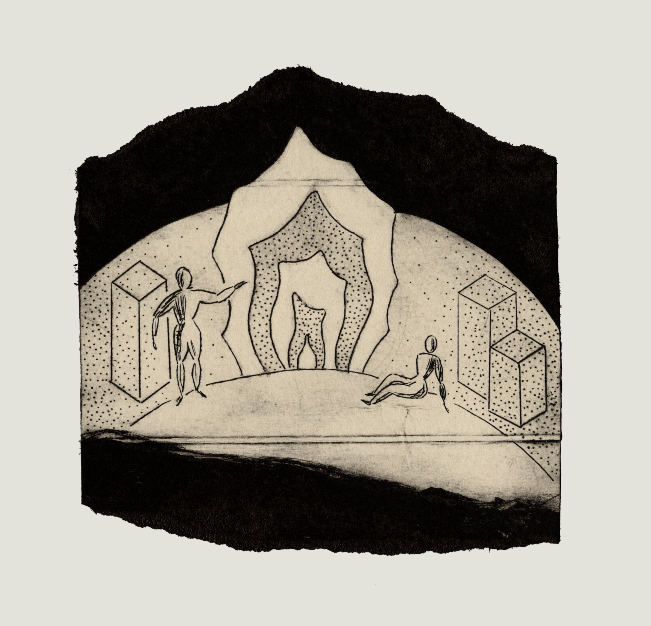 print of two people sat by a large fire storytelling about data