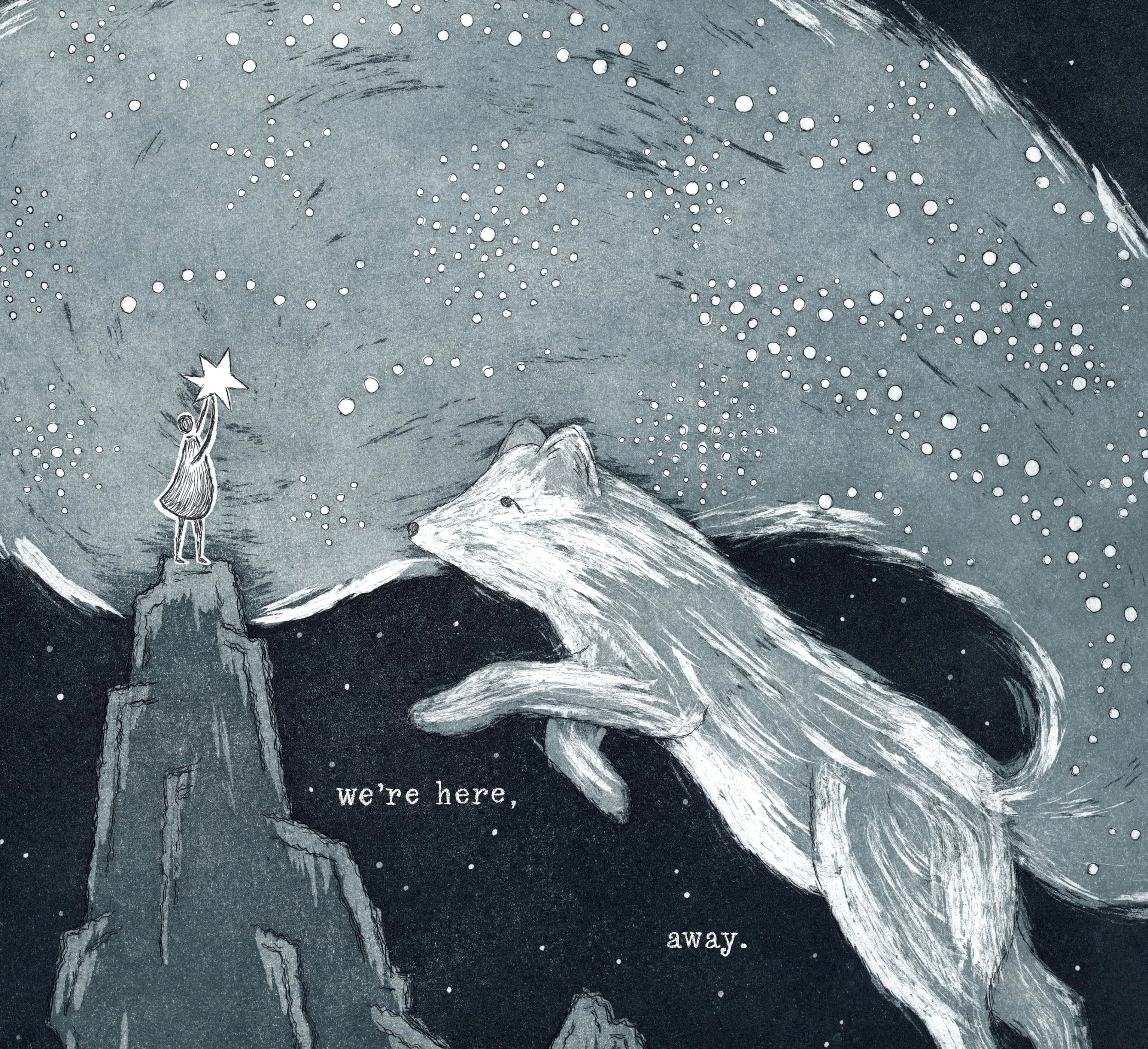 spread from book with fox and person etching