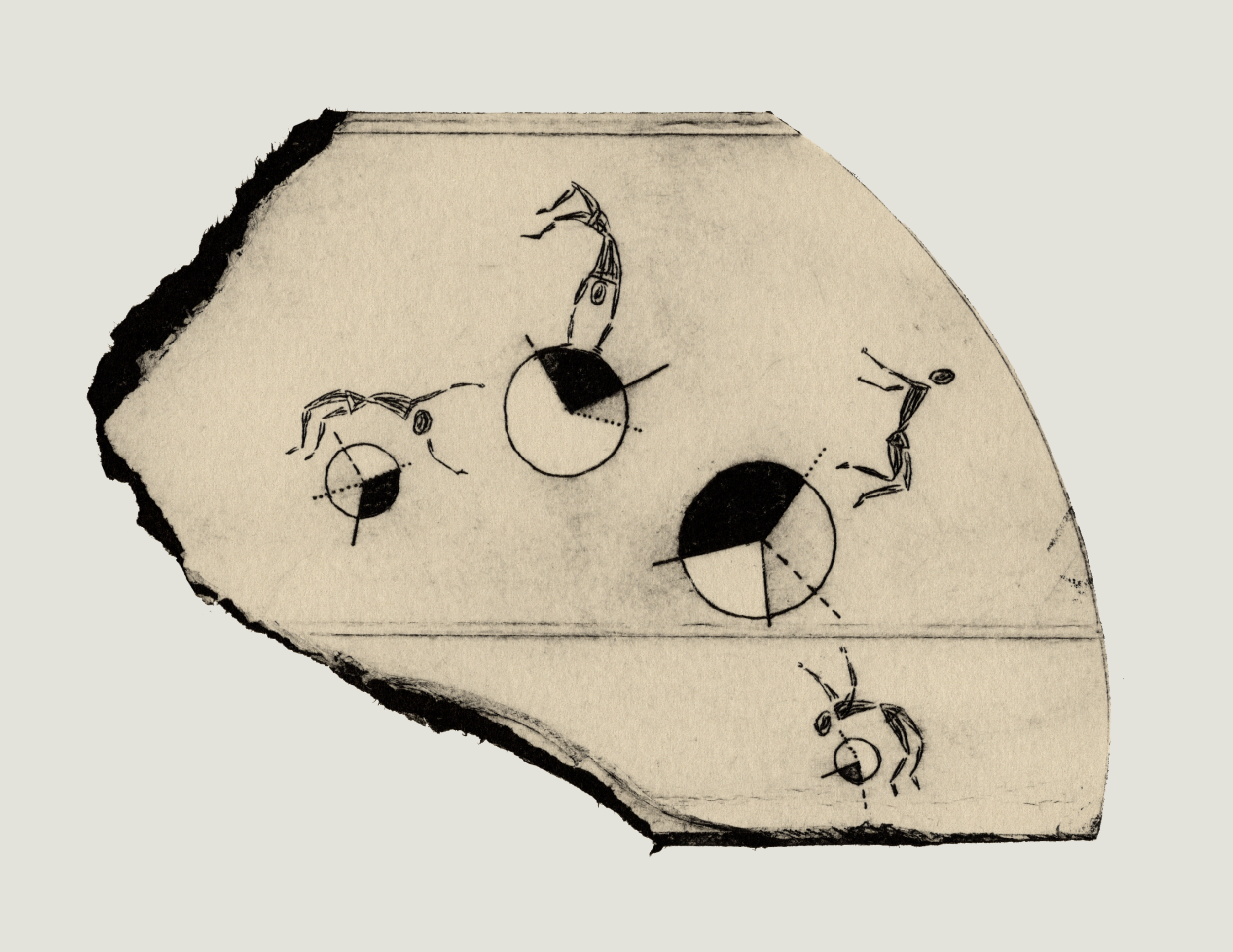 a print of people jumping over 4 pie charts as data visualisations