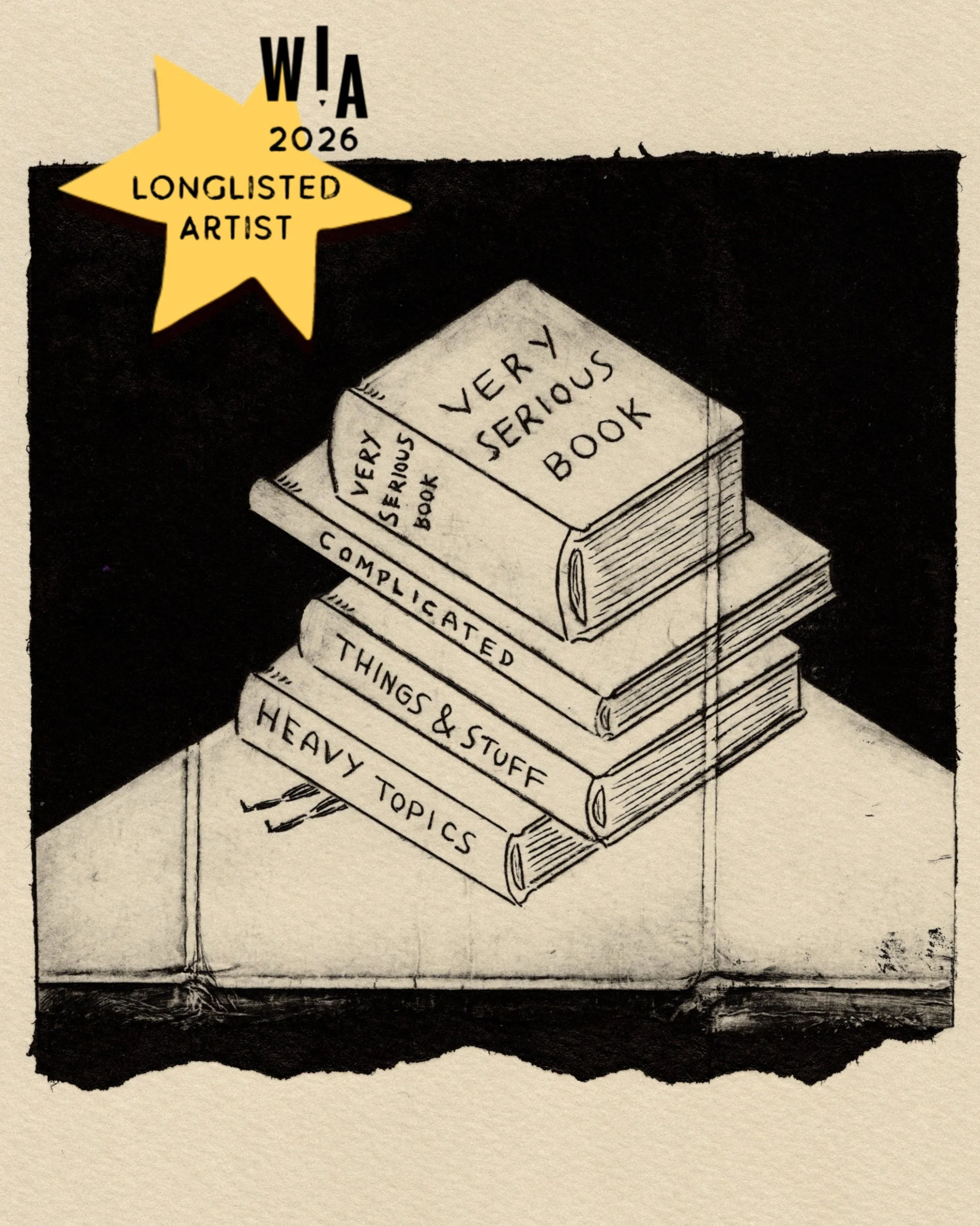 tetrapak print of stack of books with titles like 'heavy topics' and two legs sticking out underneath, squished. There is a World Illustration Awards star overlaid.