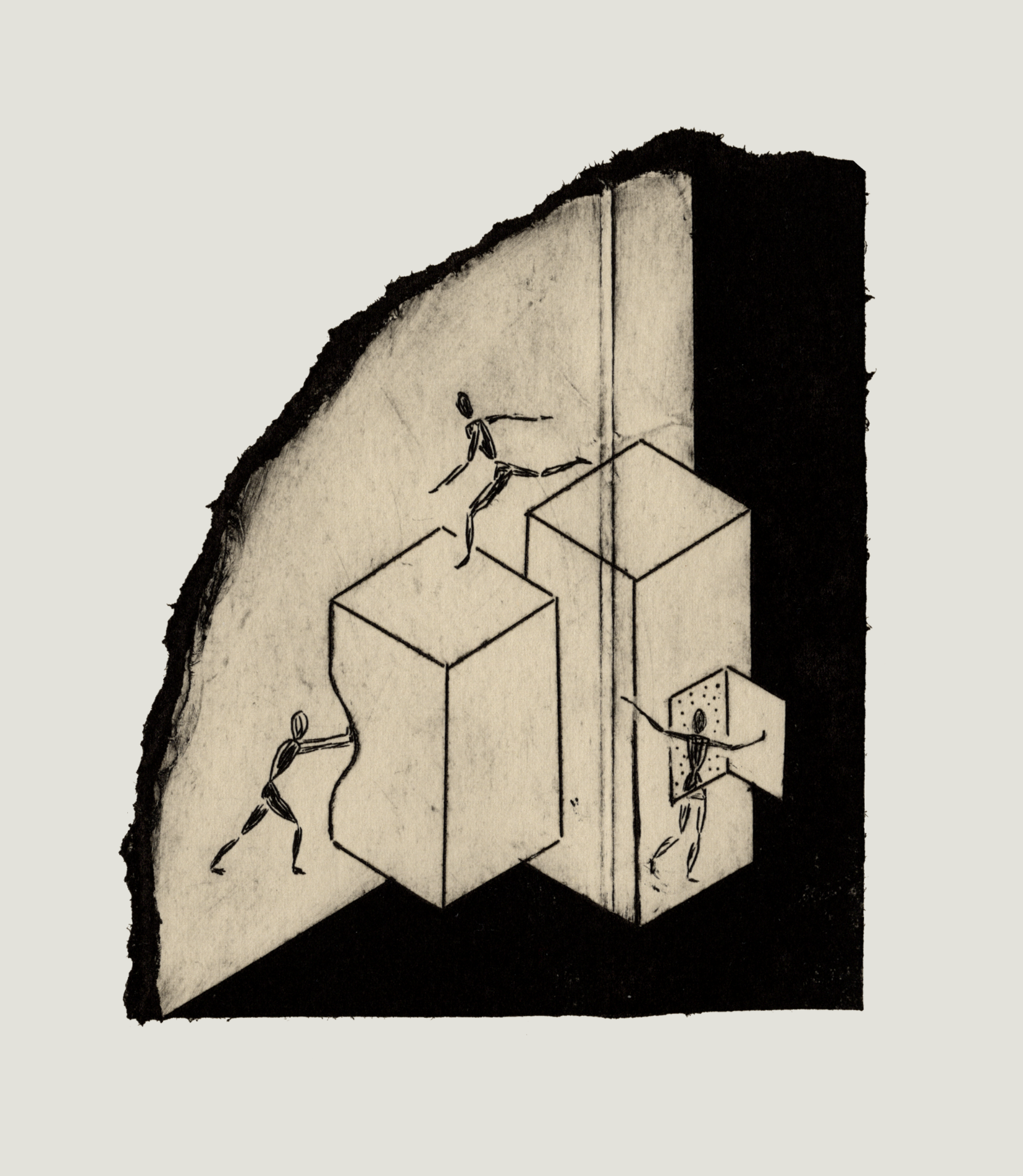 print of three people pushing a bar graph in, jumping between columns, and looking out of a window in one