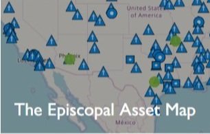Map with blue and green icons representing Episcopal locations in the southwestern United States, titled 'The Episcopal Asset Map.'