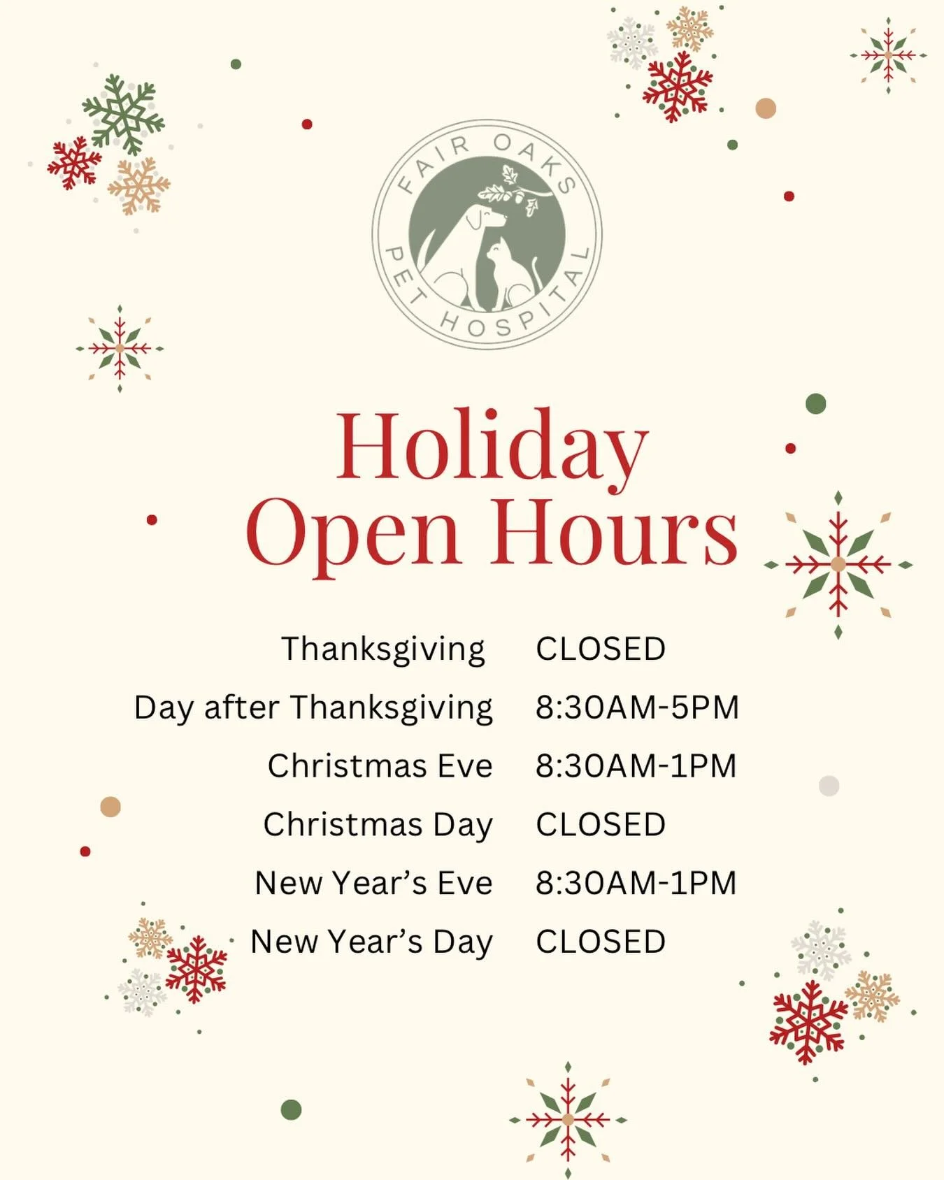 The holidays are almost here! To help you plan ahead for visits and refills, here are our adjusted hours:

✨ Holiday Schedule:
&bull; Thanksgiving &mdash; Closed
&bull; Day after Thanksgiving &mdash; 8:30am-5pm
&bull; Christmas Eve &mdash; 8:30am-1pm