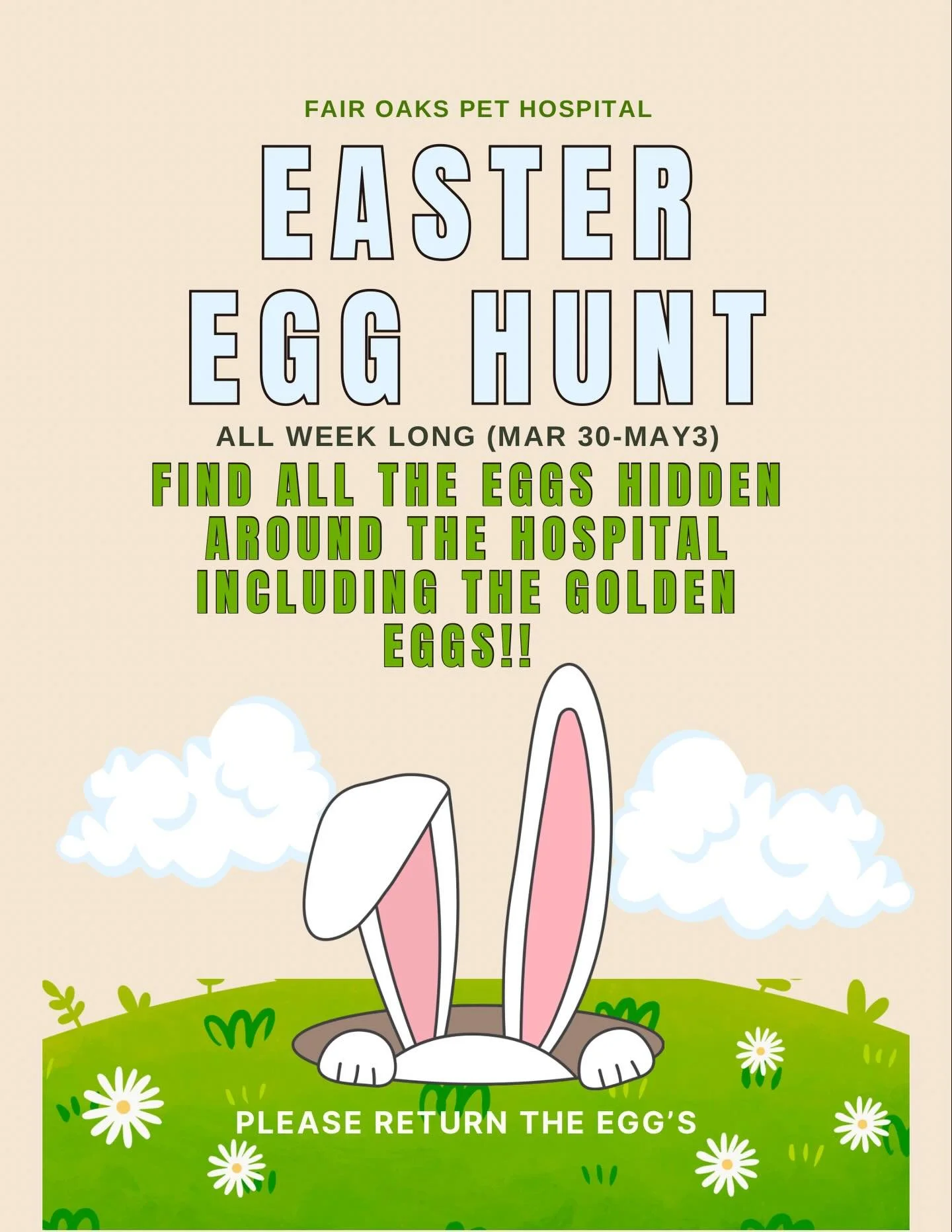 Our Easter egg hunt is on all week. 🐣🐾 Dogs can sniff out treat-filled eggs around the hospital, and owners can keep an eye out for a few golden eggs with bigger prizes inside. Stop by and join the fun.