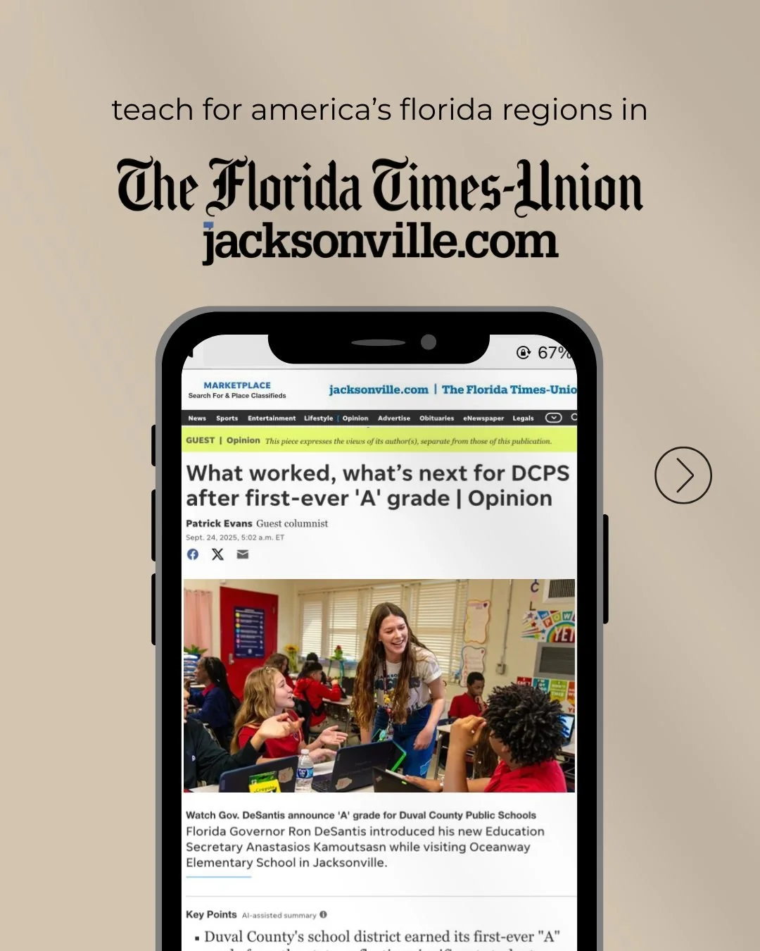 @duvalcountyschools just earned their first-ever &ldquo;a&rdquo; grade &mdash; a milestone worth celebrating.

but in @jaxdotcom, patrick evans, vp of institutional advancement at @teachforamerica&rsquo;s florida regions , pushes the conversation fur