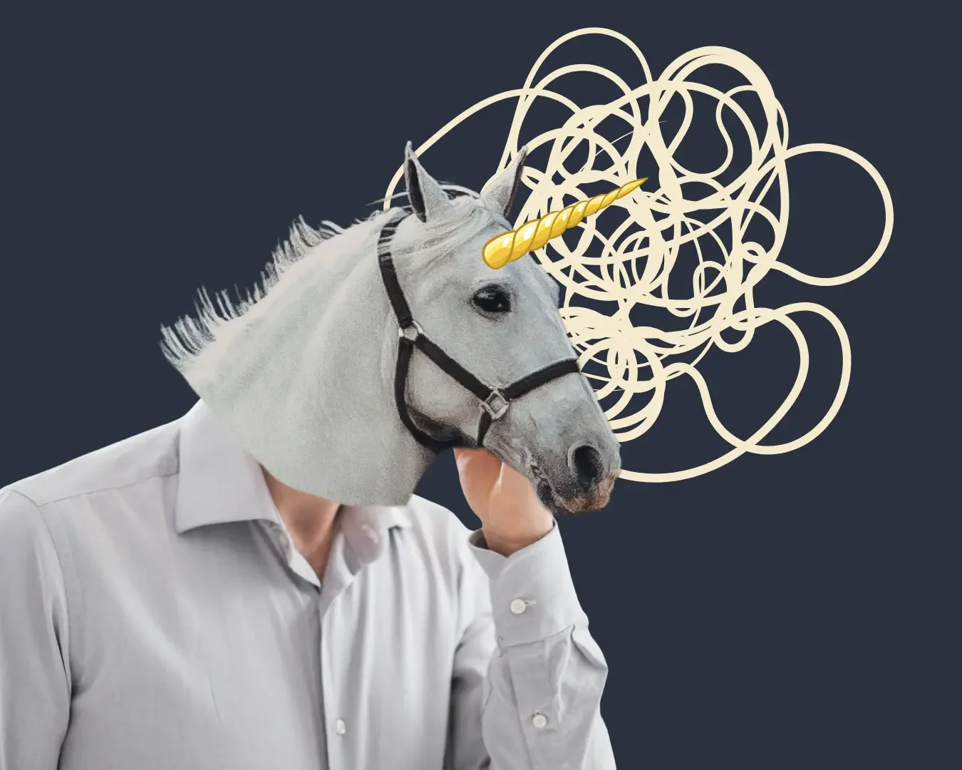 Generalist looking overwhelmed beside a tangled scribble, symbolizing how overextended generalists can become stressed and mentally overloaded from handling too many responsibilities.