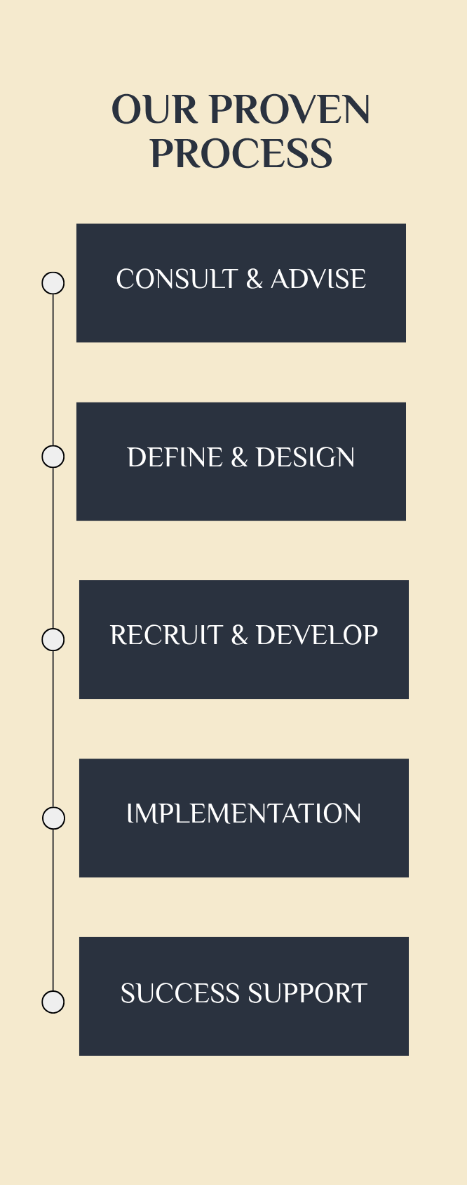 Flowchart titled “Our Proven Process” outlining five stages: Consult & Advise, Define & Design, Recruit & Develop, Implementation, and Success Support.